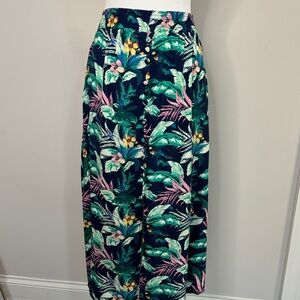 LOFT Navy Midi Skirt with Tropical Floral Print